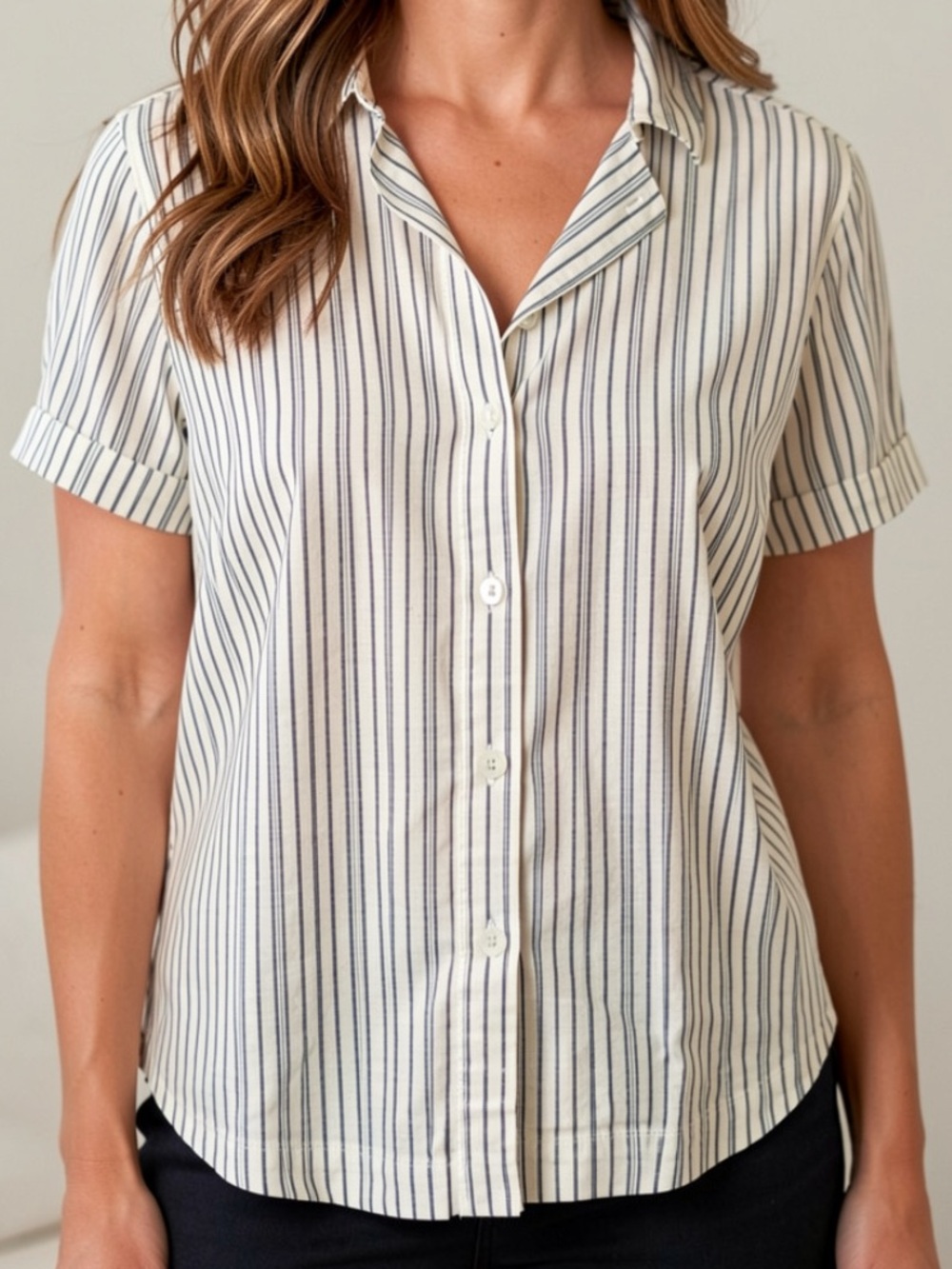 Lucky Brand Striped Short-Sleeve Button-Up Top - Cream & Black
